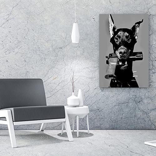 טומרט דוברמן עם אקדח שחור לבן קנבס פוסטר קיר ארט דקו דפוס ציור הדפס קנבס פוסטר אמנות קיר לחדר שינה תפאורה לסלון 12x16