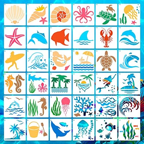 36 יחידות יצורי אוקיינוס ​​סטנסיליות, תבנית חיות מחמד חיה לשימוש חוזר, סטנסיל צבע מלאכה של DIY עם טבעת פתוחה,