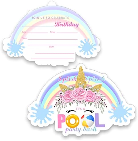 בריכת חד קרן הזמנות למסיבת יום הולדת הזמנות לחד -קרן בצורת קשת מילוי כרטיסי הזמנה עם מעטפות