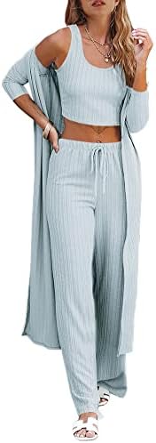 נשים פיג ' מה סט סתיו חורף 3 חתיכה בגדי טרקלין סט יבול אפוד למעלה רופף מכנסיים קרדיגן סריגי סרבל חם