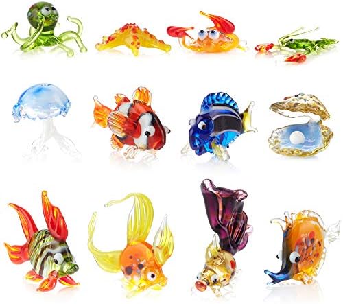 סט של 12 אקווריום קישוטי זכוכית צלמיות - בעבודת יד צבעוני זכוכית מים בעלי החיים איור דגי טנק מציאותי קישוטי עיצוב