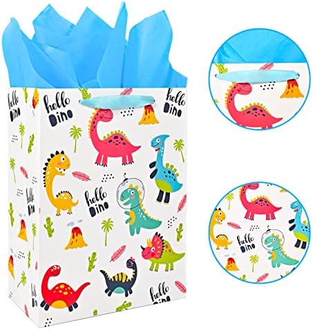 13 שקית מתנה גדולה לדינוזאור לבנים לילדים לילדים יום הולדת מקלחת לתינוק עם נייר טישו וכרטיס ברכה