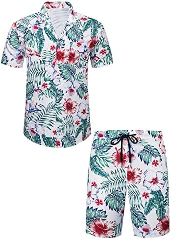 חולצה הוואי של גברים ותלבושות חופשה קצרות של שני חלקים מגדירים כפתור מזדמן במורד חליפות פרחוניות חוף עם כובעי דלי חולצה הוואי