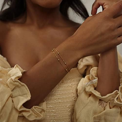 צמידי זהב עדינים לנשים, צמיד שכבות מצופה זהב 14 קראט צמידי קישור חרוזים מעוותים נוצצים פשוטים שפתיים מתכווננות שרשרת צמידי