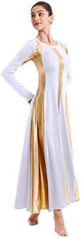 איבקום נשים בוגרות בלוק צבע זהב למבוגרים שרוול ארוך שמלת ריקוד שבח רופף בכושר אורך מלא פולחן לירי ליטורגי