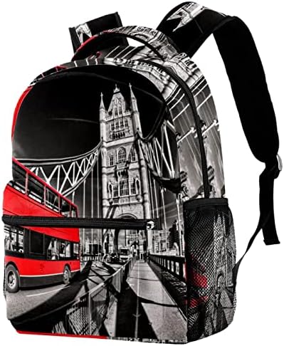 תרמיל סטודנטים כתף שקיות נסיעות תיק מכללת תרמילי בית ספר מזדמן תרמיל לנשים גברים, אדום אוטובוס על גשר