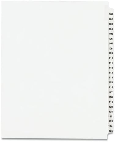 אייברי מודפס מראש התערוכה המשפטית צד הכרטיסייה אינדקס מחיצות, סגנון אייברי, 25-הכרטיסייה, 101 כדי 125, 11 איקס 8.5, לבן, 1