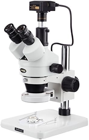 מיקרוסקופ זום סטריאו טרינוקולרי מקצועי דיגיטלי של אמסקופ-1-144 מטר, עיניות פי 10, הגדלה פי 7-45, מטרת זום פי 0.7-4.5, נורת