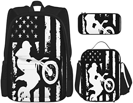 3 חתיכה סט תרמילי אמריקאי דגל מוטוקרוס עפר אופני ספר תיק נסיעות קמפינג עבודת בית ספר תיק קלמר שקית אוכל שילוב