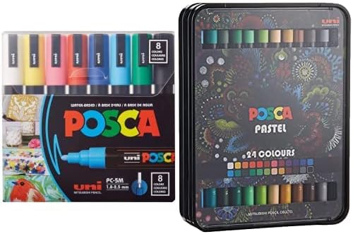 סט סמן צבע צבעוני של 8 צבעים, PC-5M בינוני + POSCA חום גמיש שמן ופסטלים מבוססי שעווה חבילה עם פיגמנטים טבעיים