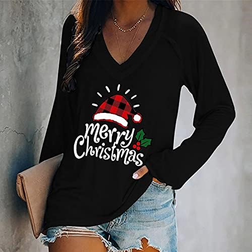 צמרות חג המולד של נשים ריינסטון כוסות יין כובע סנטה שרוול ארוך חולצות טריקו צוואר צווארון מצחיק חג המולד מצחיק סווטשירטים