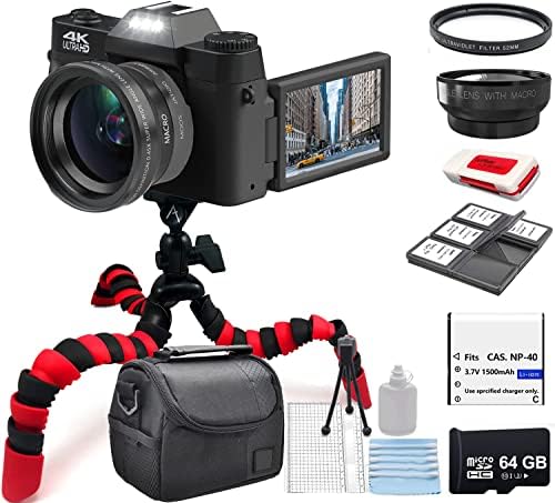 Edealz 4K 48MP ערכת מצלמה דיגיטלית ערכת צילום מצלמת vlogging ליוטיוב עם מסך Flip, WiFi, רחב זווית ועדשת מאקרו, כרטיס מיקרו