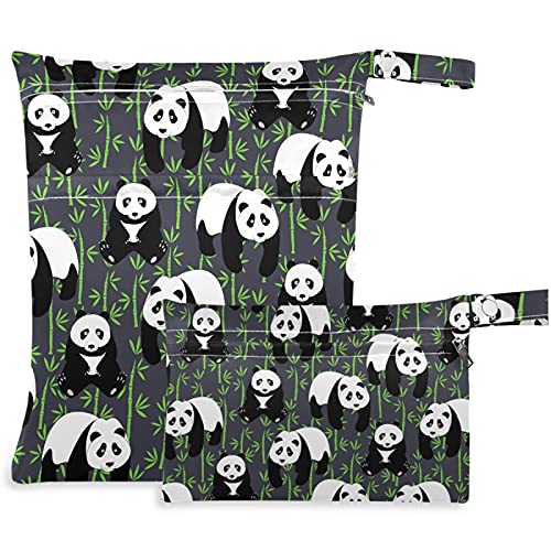 Visesunny Panda Green Bamboo Animal 2 pcs תיק רטוב עם כיסים עם רוכסן רחיצה חוזרת ונשנית לטיולים, חוף, בריכה, מעונות יום,
