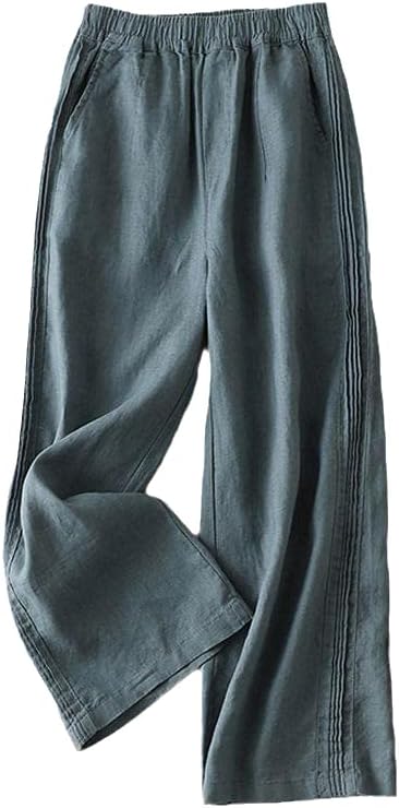 הגעה סגנון אמנויות קיץ נשים מותניים אלסטיות רופפות כותנה באורך קרסול מכנסי רגל רחבים כחולים XS