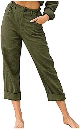 מכנסי קפרי פשתן כותנה של נשים, קיץ רגל רחבה לקיץ פלאצו יוגה קפריס מכנסיים קדמיים שטוחים עם כיסים