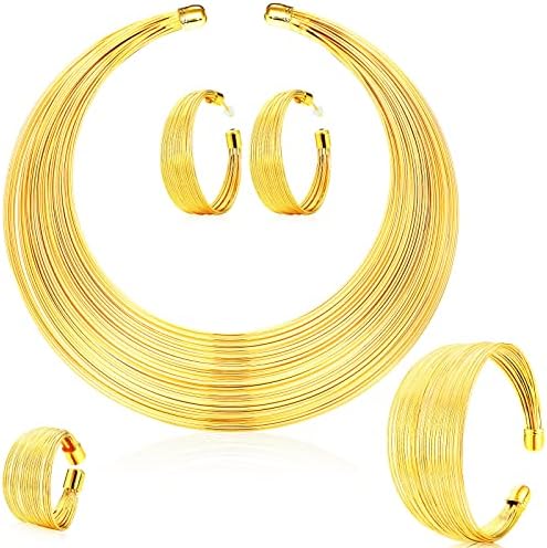 5 יחידות תכשיטים אפריקאים לנשים זהב הצהרה אפריקאית מרובה גדילים קולר שרשרת קאף צמיד פתוח חישוק עגילי טבעת שמנמן תלבושות תכשיטי