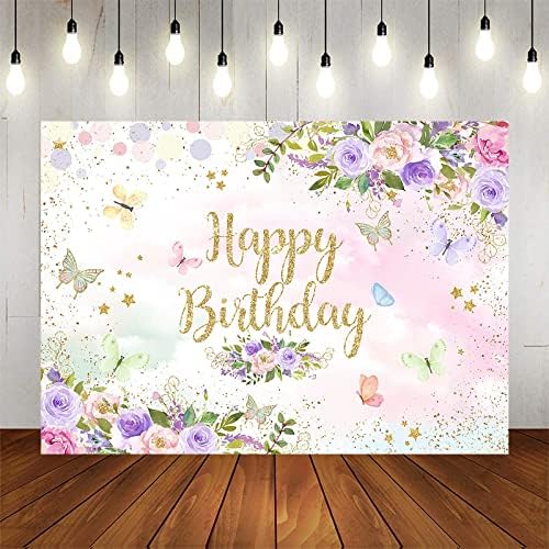 אווזאנו פרפר יום הולדת רקע צבעוני פרח פרפר יום הולדת קישוטי עבור בנות נסיכת פרפר יום הולדת שמח באנר זהב
